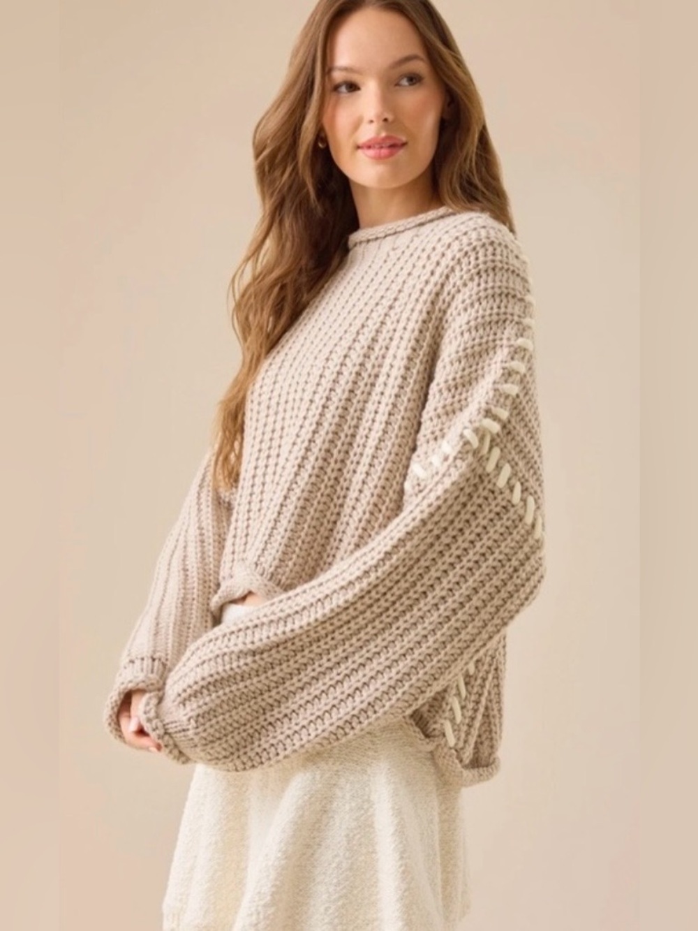 Altar'd State Catelyn Beige Whipstitch Cropped Sweater w/rolled hems NWT sz XS